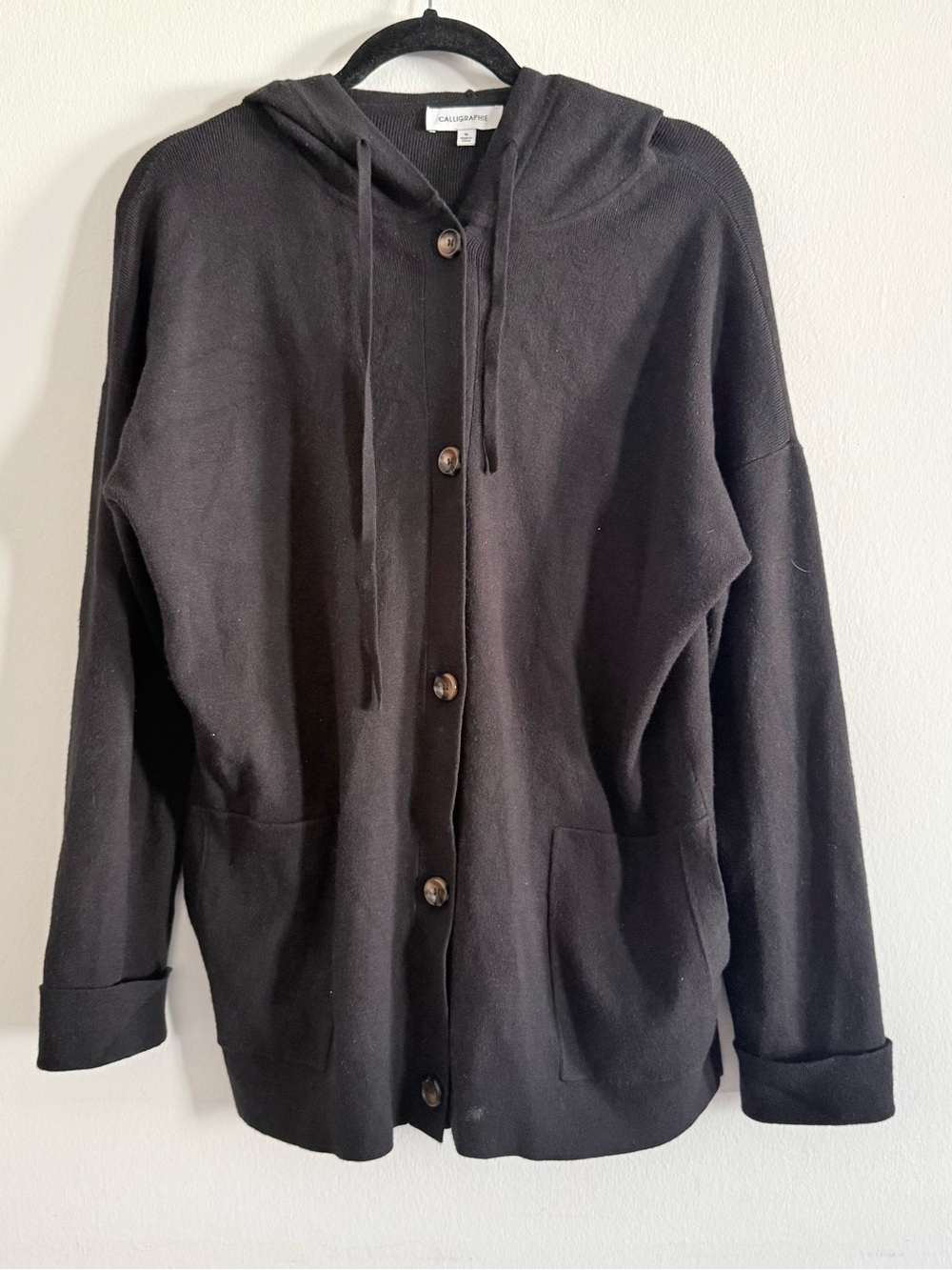 Calligraphie Black Button-Up Hooded Cardigan